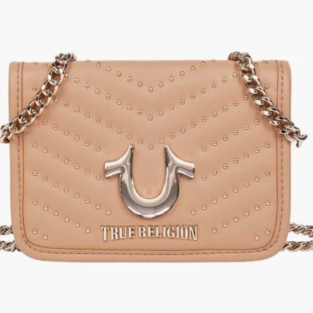 True Religion Tan Horseshoe Multi Stud Flap Crossbody Bag Purse NWT
